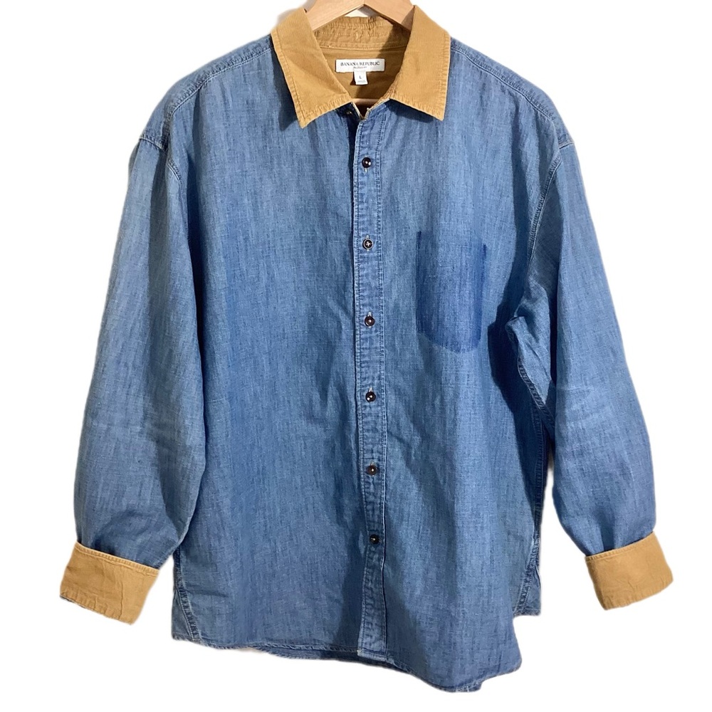 Banana Republic Relaxed Fit Corduroy Trim Chambray Shirt L